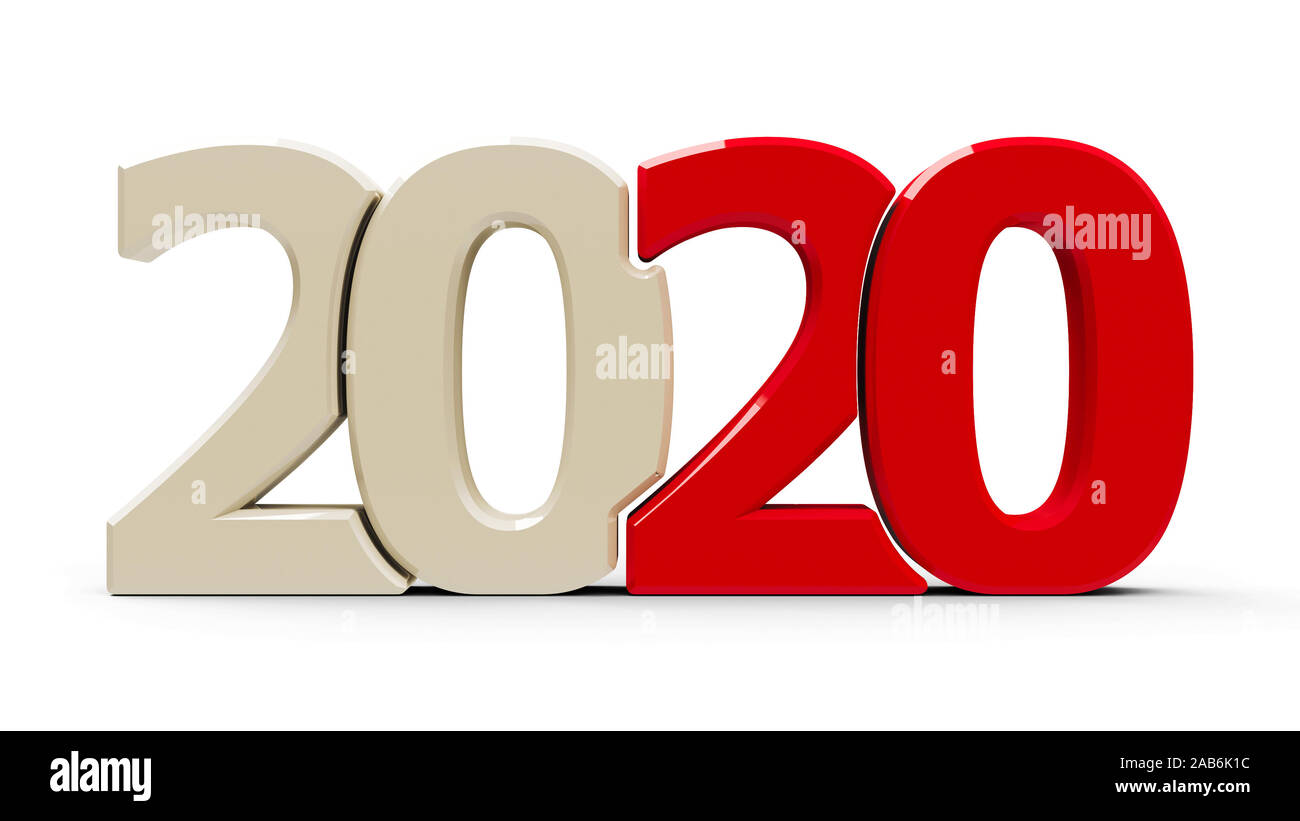 2020 rouge symbole, icône ou bouton isolé sur fond blanc, représente la nouvelle année 2020, le rendu en trois dimensions, 3D illustration Banque D'Images