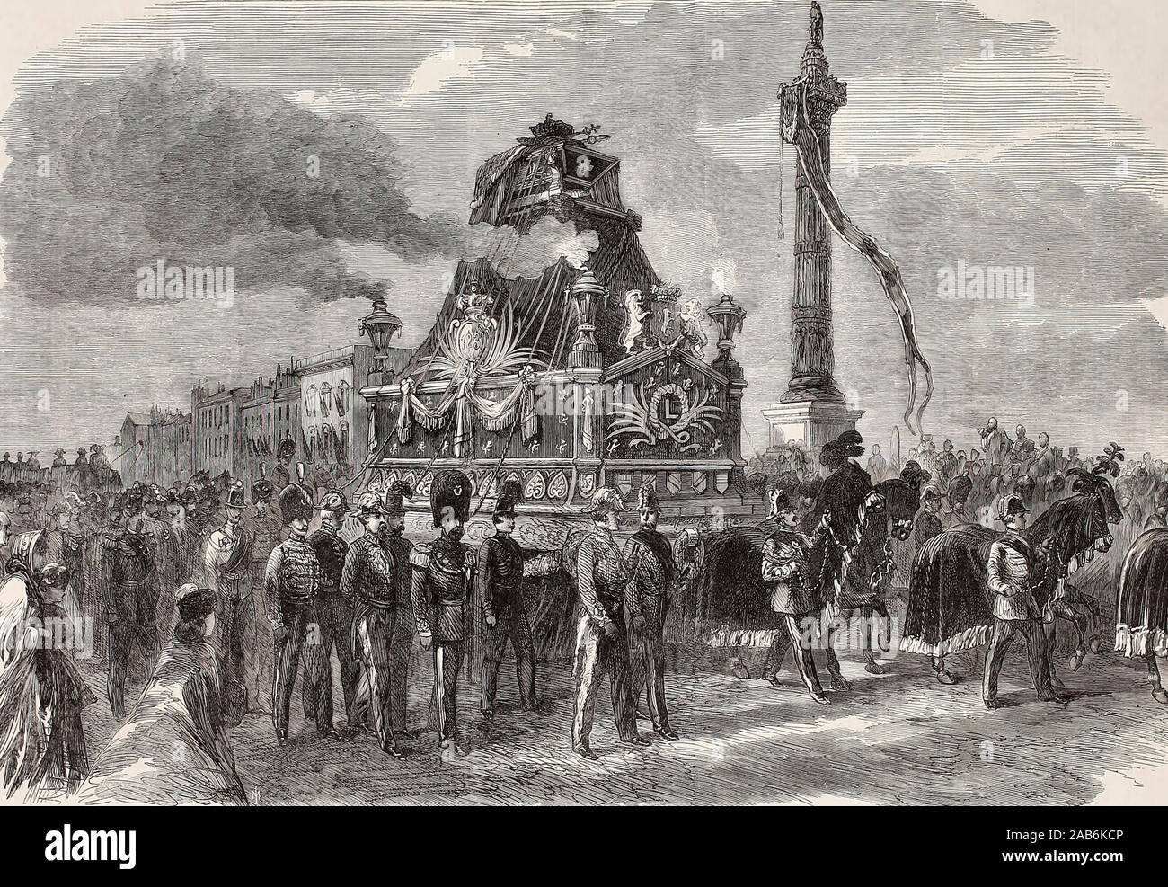 Funérailles de feu le Roi des Belges, Léopold I - Les funérailles voiture passe la colonne de la place du Congrès à Bruxelles, Belgique - 1865 Banque D'Images