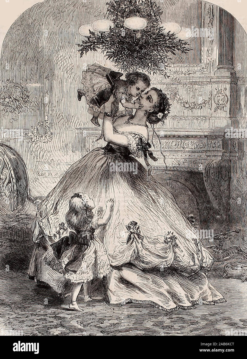 Noël de l'ère victorienne - une maman embrasser les enfants de gui, circa 1865 Banque D'Images