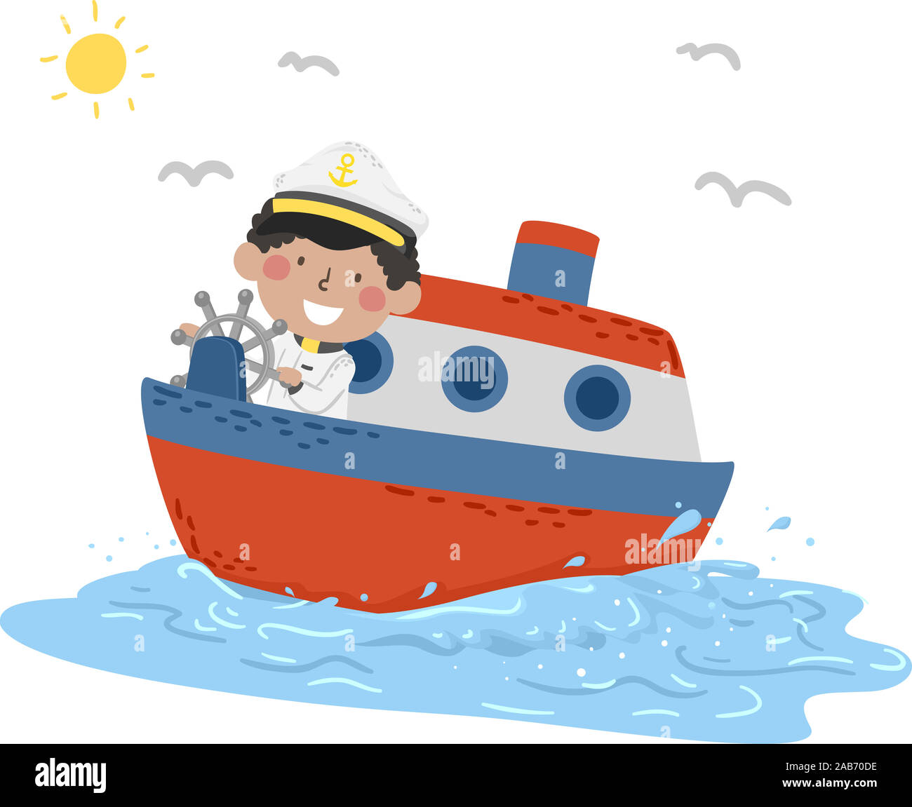 Illustration d'un enfant garçon Capitaine sur un bateau sur la mer Banque D'Images