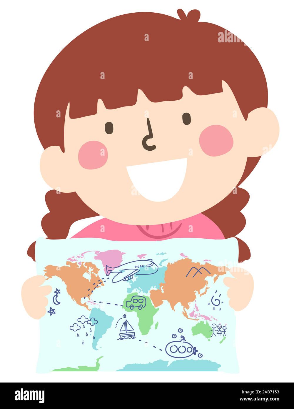 Illustration d'un Kid Girl Holding une carte du monde avec ses doodles de sous-marin, avion, voiture, voilier, les montagnes, les étoiles et les nuages Banque D'Images