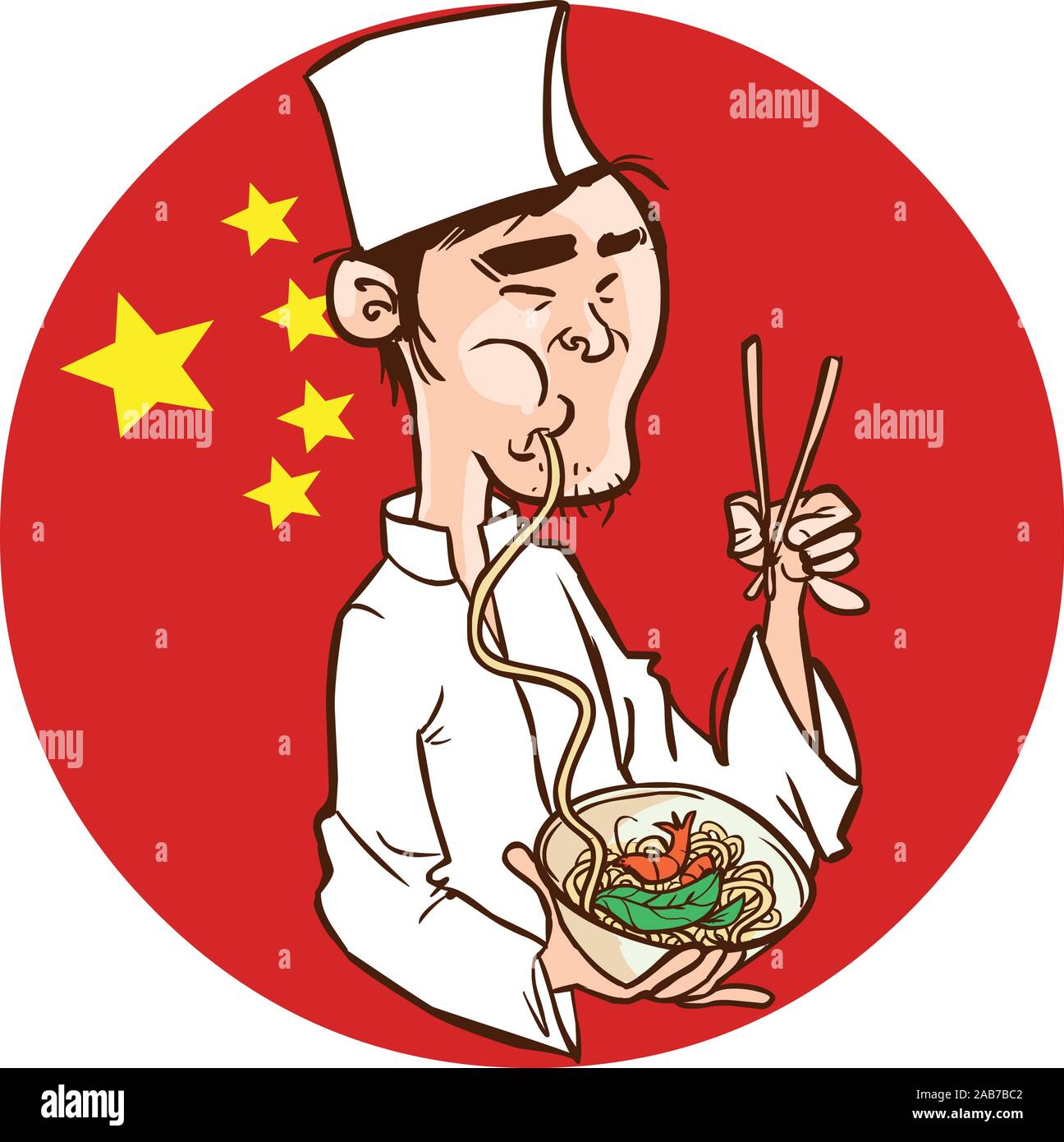 Chef chinois tenant un bol de nouilles chinoises et rouleau de printemps. Illustration de Vecteur