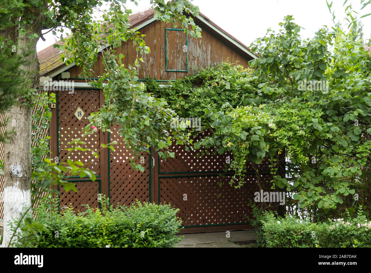 Pergola en bois dans la nature. Aménagement paysager Banque D'Images