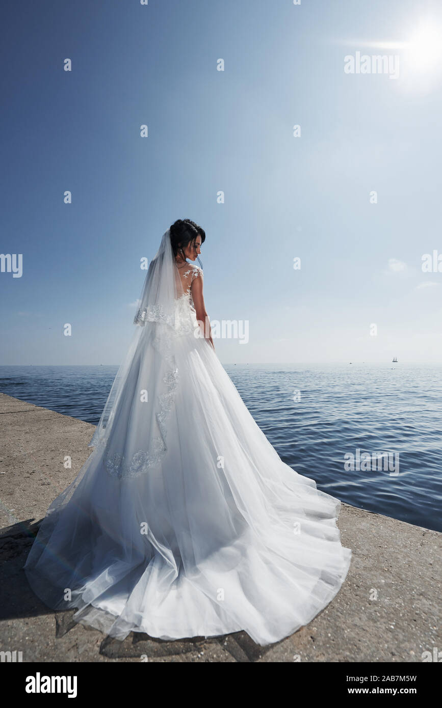Mariée dans une robe de mariage sur la plage par la mer contre  l'arrière-plan d'un ciel bleu Photo Stock - Alamy
