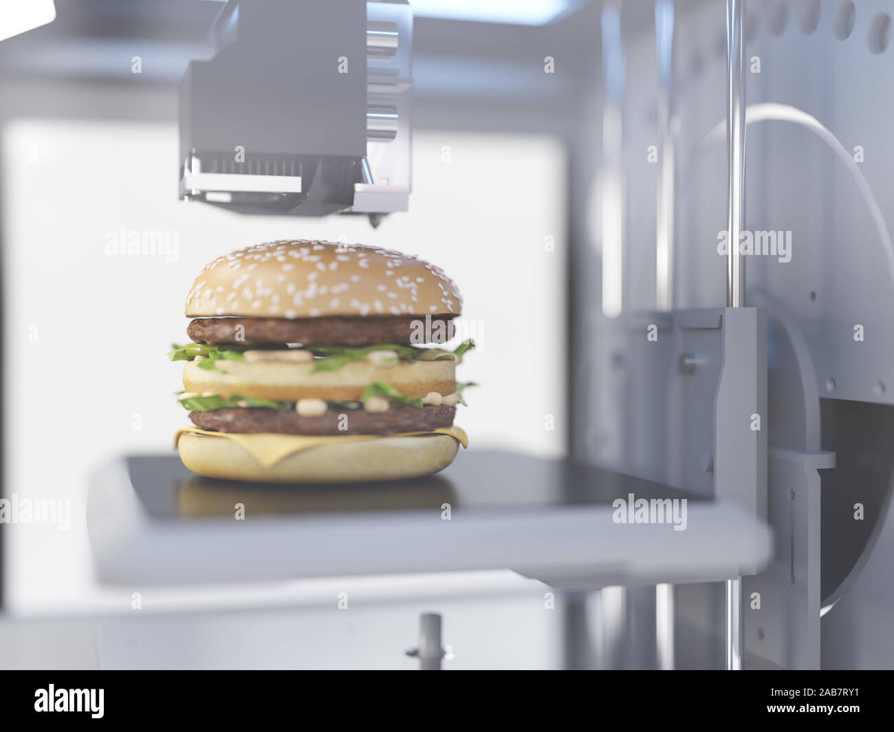 Rendu 3d illustration d'une imprimante 3d de l'impression d'un burger Banque D'Images