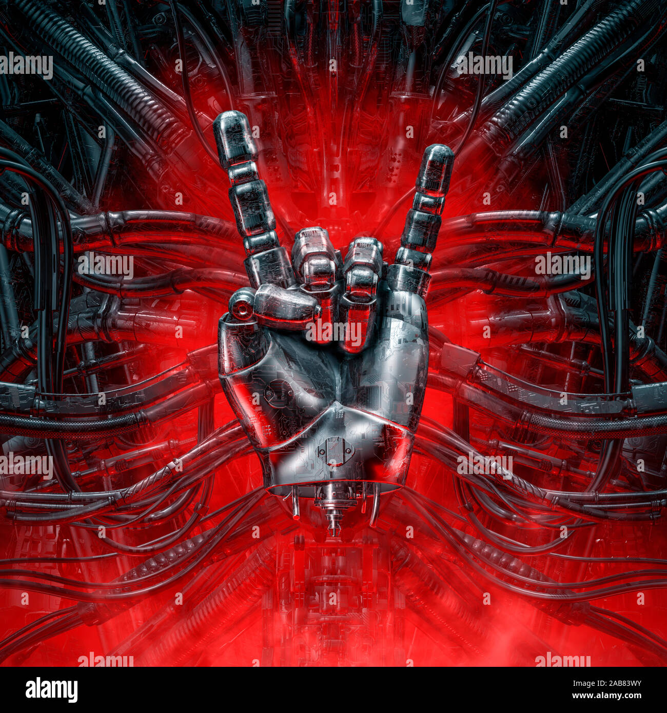 Cornes de diable / main cyber 3D illustration de grungy robot artificiel métallique montrant les doigts symbole rock Banque D'Images