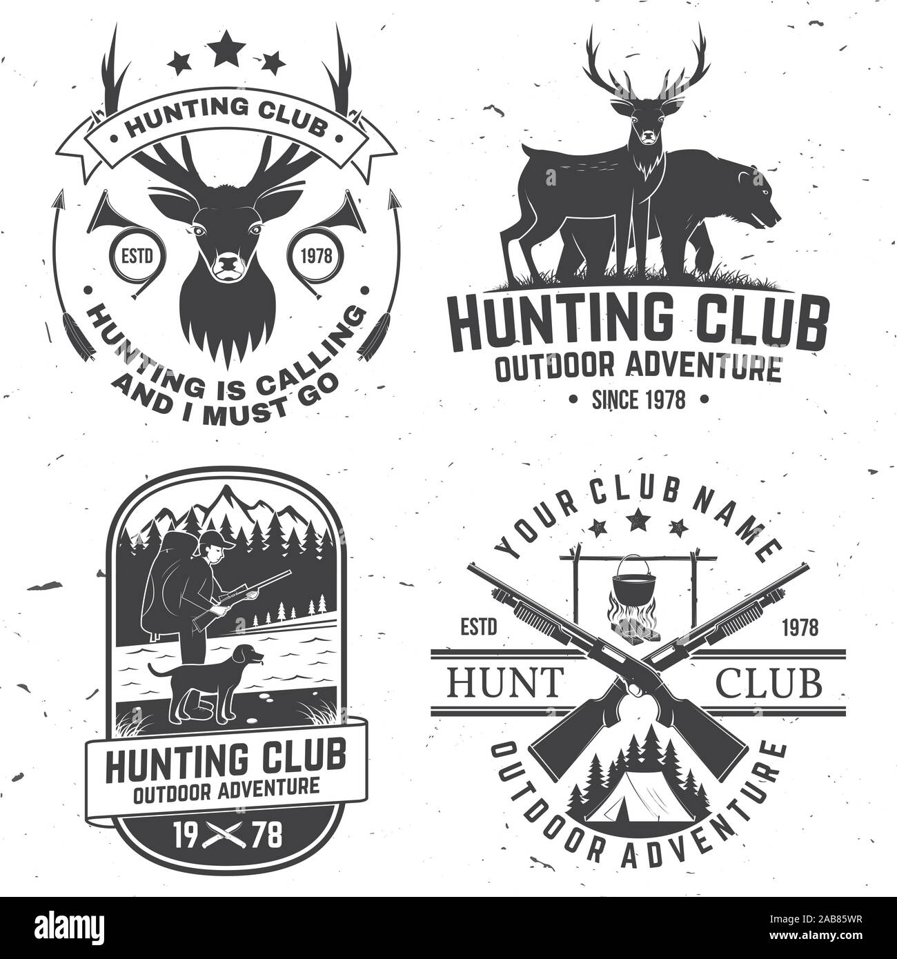 Ensemble de badge club de chasse. Notion de vecteur pour chemise, étiquette, impression, stamp. Typographie vintage design avec fusil de chasse, sanglier, Hunter, l'ours, le cerf, les montagnes et la forêt. Emblème de hunt club aventure de plein air Illustration de Vecteur Ensemble de badge club de chasse. Notion de vecteur pour chemise, étiquette, impression, stamp. Typographie vintage design avec fusil de chasse, sanglier, Hunter, l'ours, le cerf, les montagnes et la forêt. Emblème de hunt club aventure de plein air Illustration de Vecteur