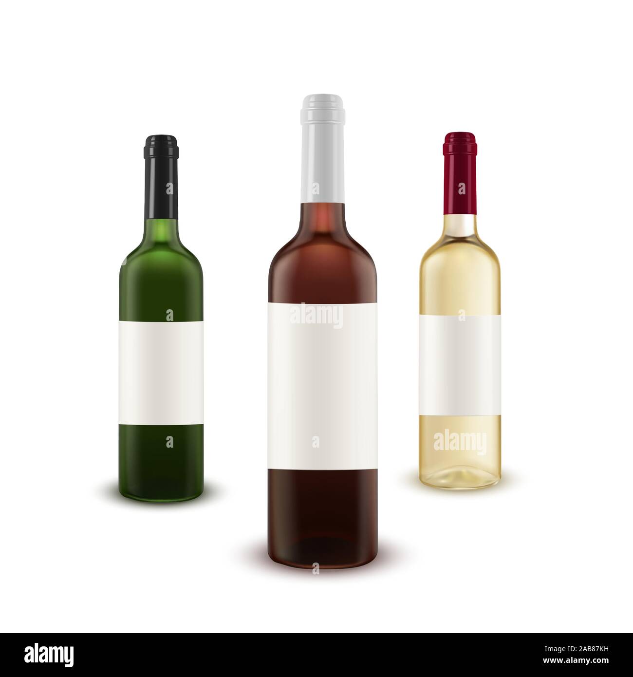 Vector set réaliste de bouteilles de vin de différentes couleurs de verre. Illustration de Vecteur