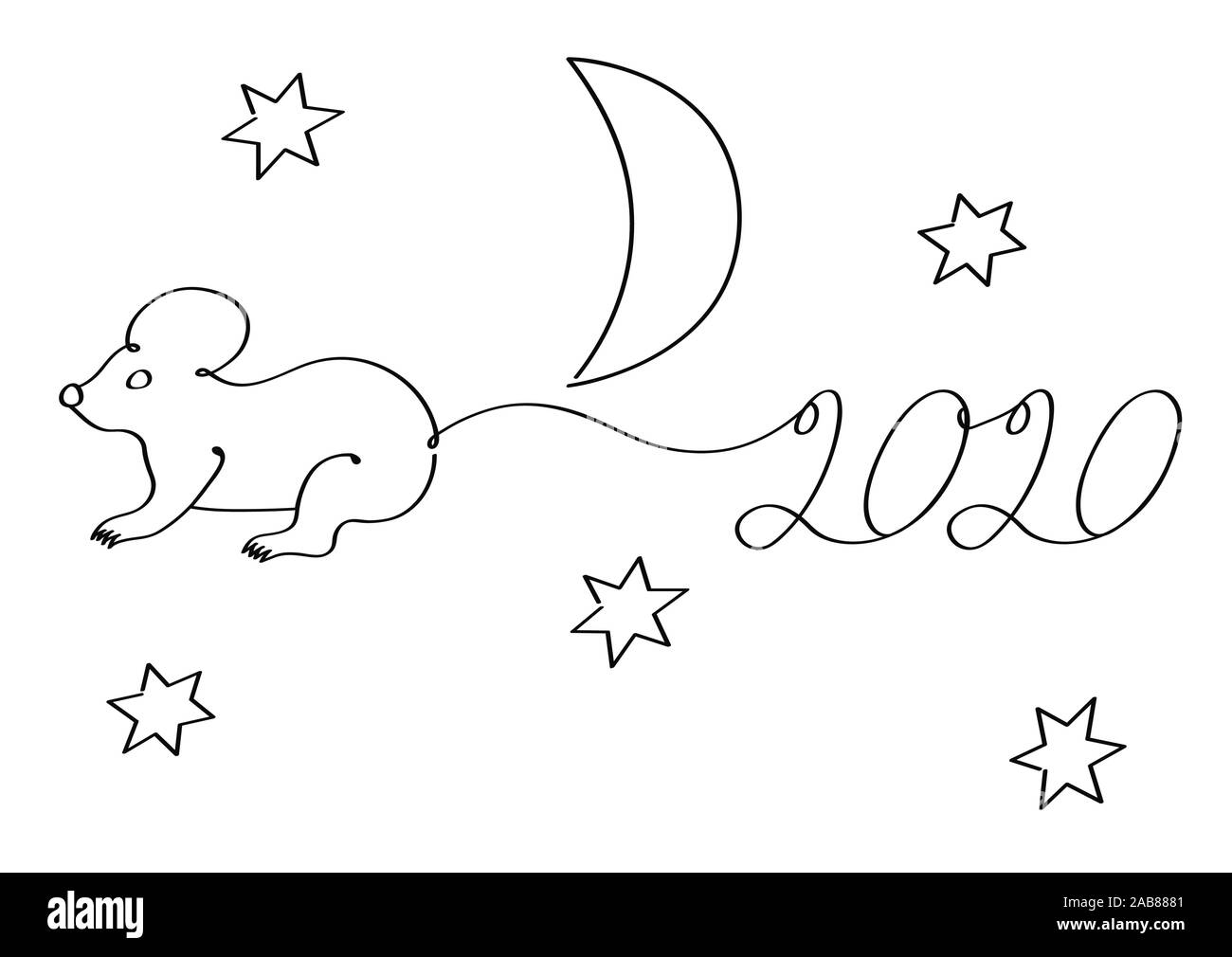 Le symbole de la nouvelle année, le rat s'approche du ciel étoilé et porte 2020 sur sa queue. Vector illustration d'actions isolées Illustration de Vecteur