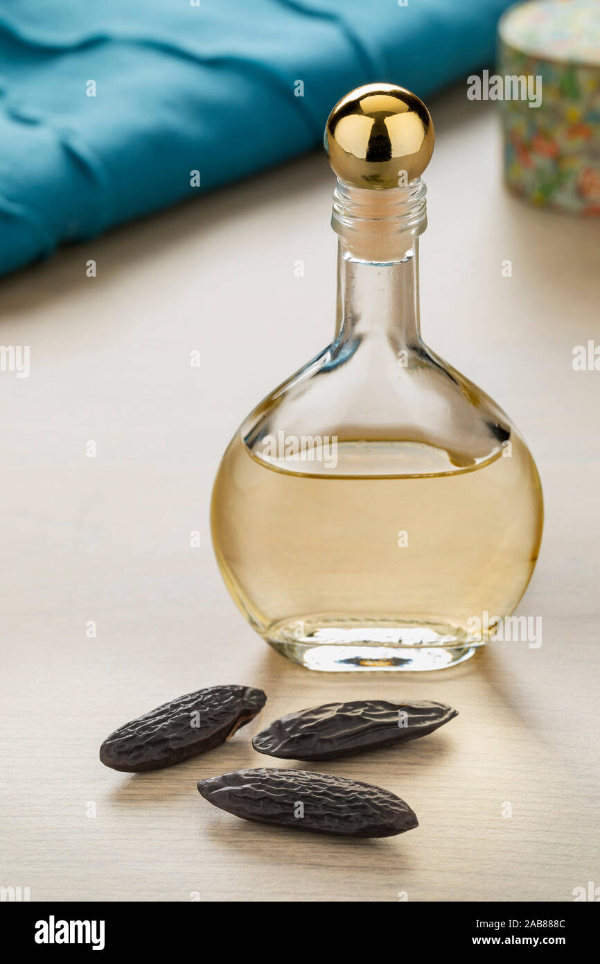 Bouteille avec de l'huile essentielle fabriqués à partir de fèves de tonka  utilisée pour le parfum Photo Stock - Alamy