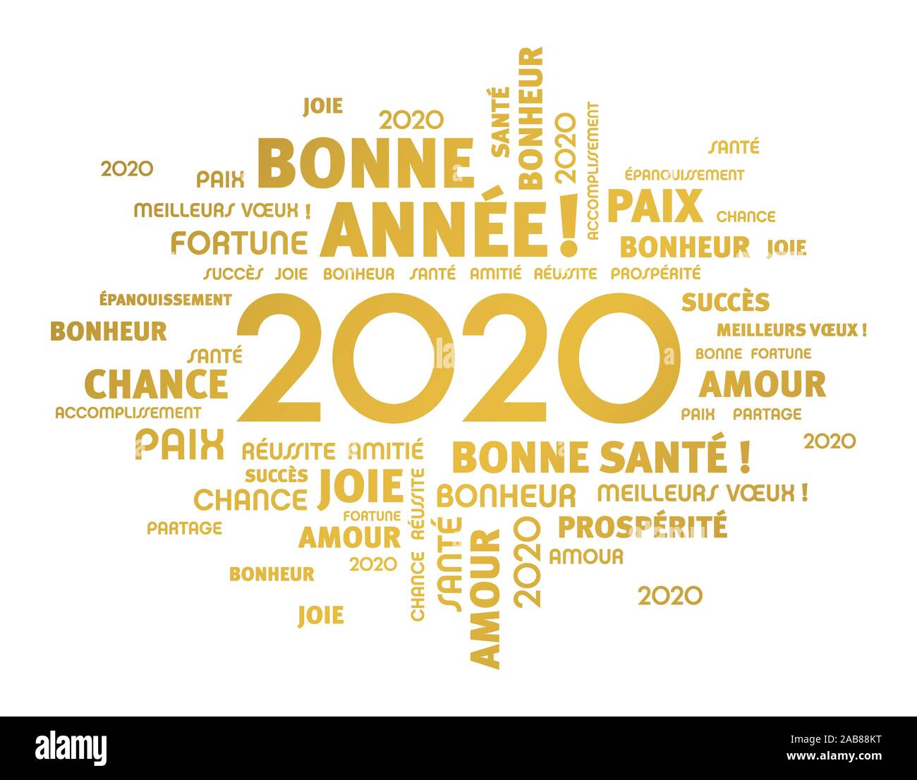 Mots d'accueil autour de nouvelle année 2020, date de l'or en couleur, en langue française, isolé sur blanc. Nuage de mots le souhaite. Illustration de Vecteur