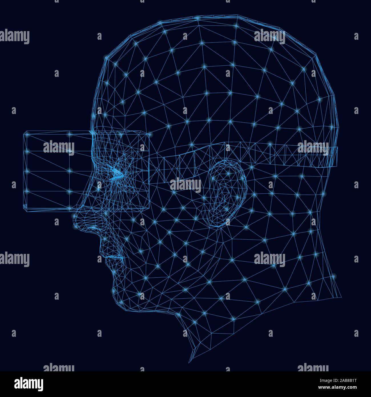 Wireframe de la tête humaine dans la réalité virtuelle de lunettes. Vue de côté. Le contour de la tête de lignes bleues avec feux lumineux sur un fond sombre. Illustration de Vecteur