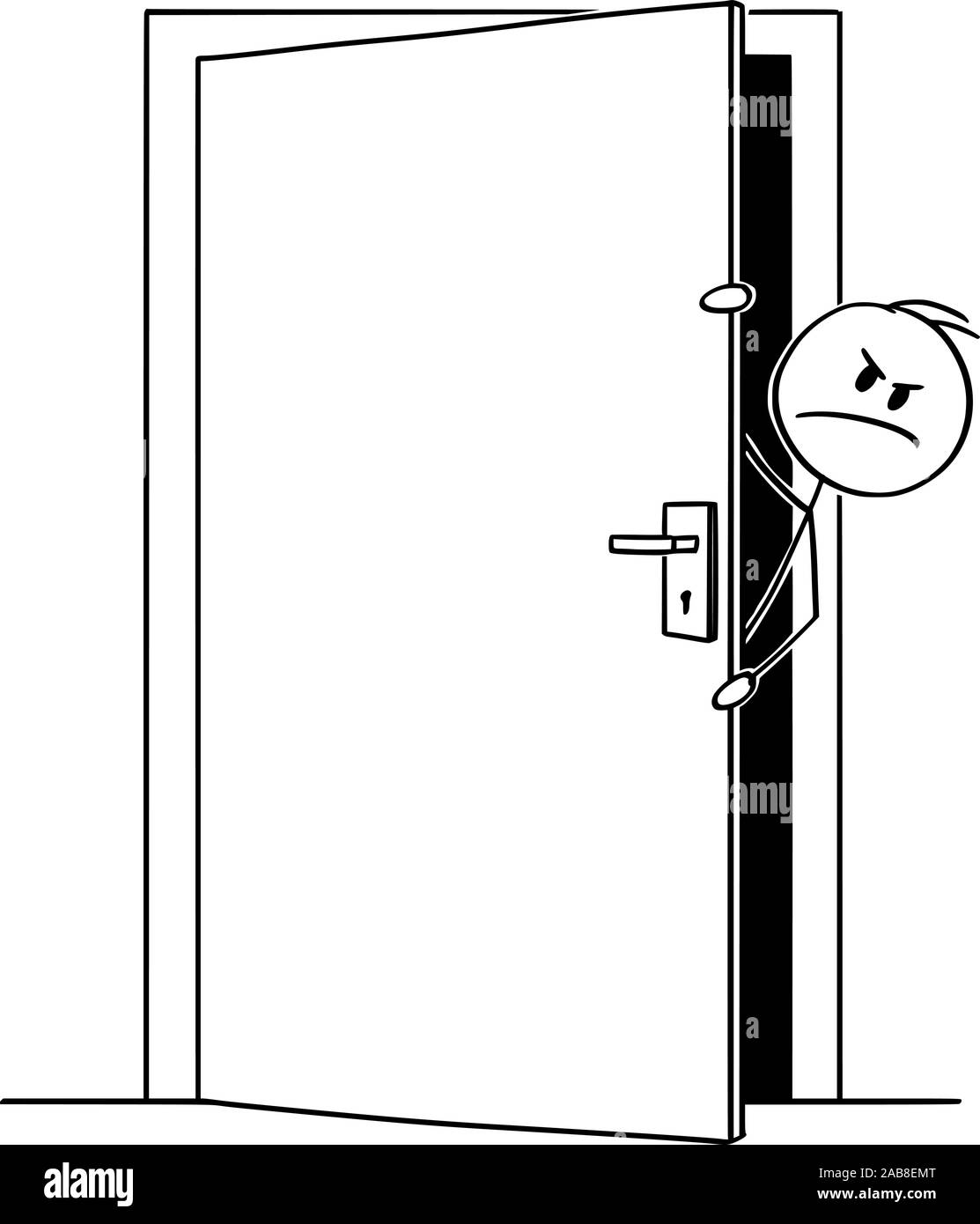 Vector cartoon stick figure dessin illustration conceptuelle de l'homme en colère ou businessman peeping out ou à l'ouvrir légèrement la porte. Illustration de Vecteur