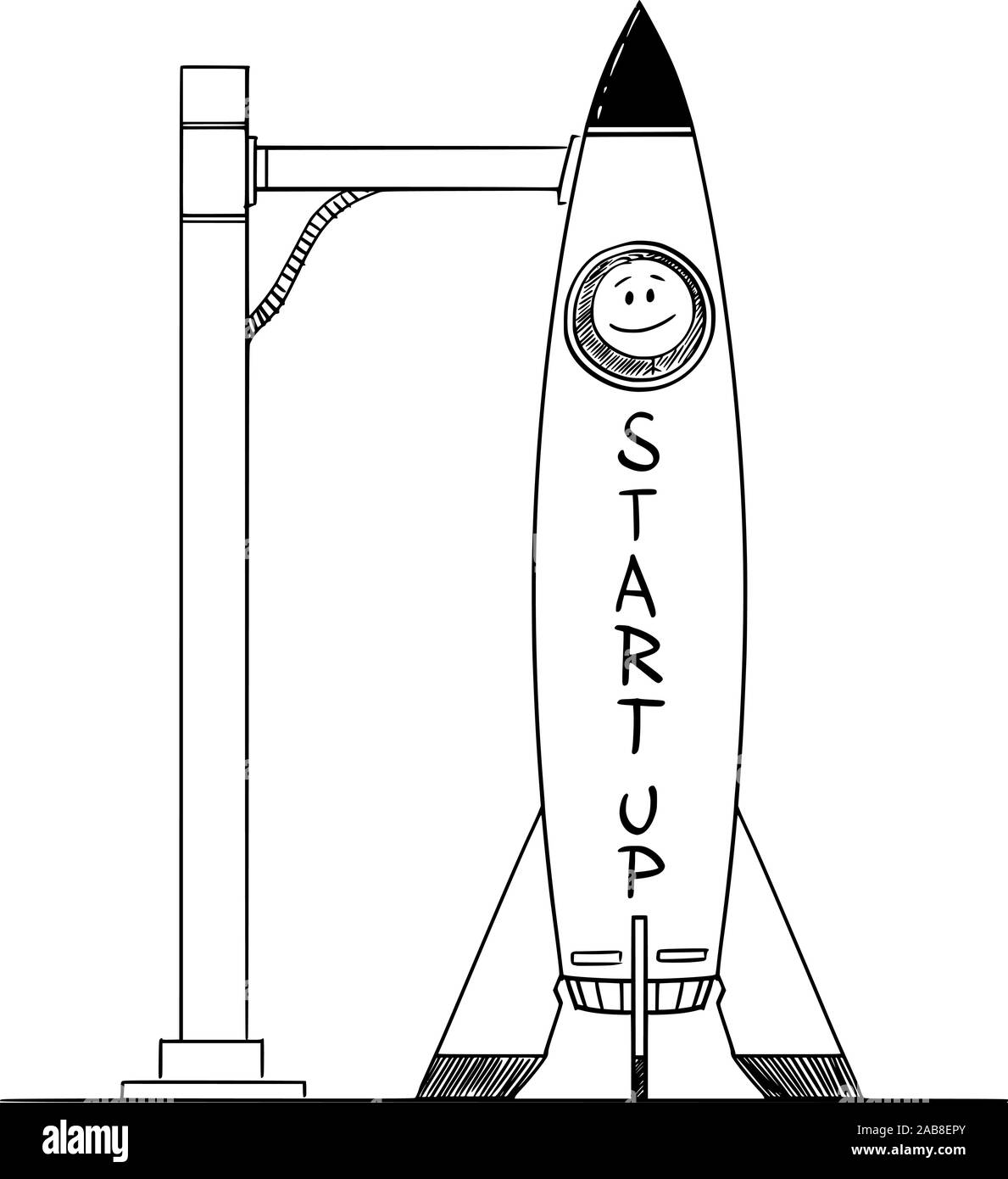 Vector cartoon stick figure dessin illustration conceptuelle de l'homme dans l'espace fusée sur le Launchpad, concept d'entreprise de démarrage ou start-up. Illustration de Vecteur