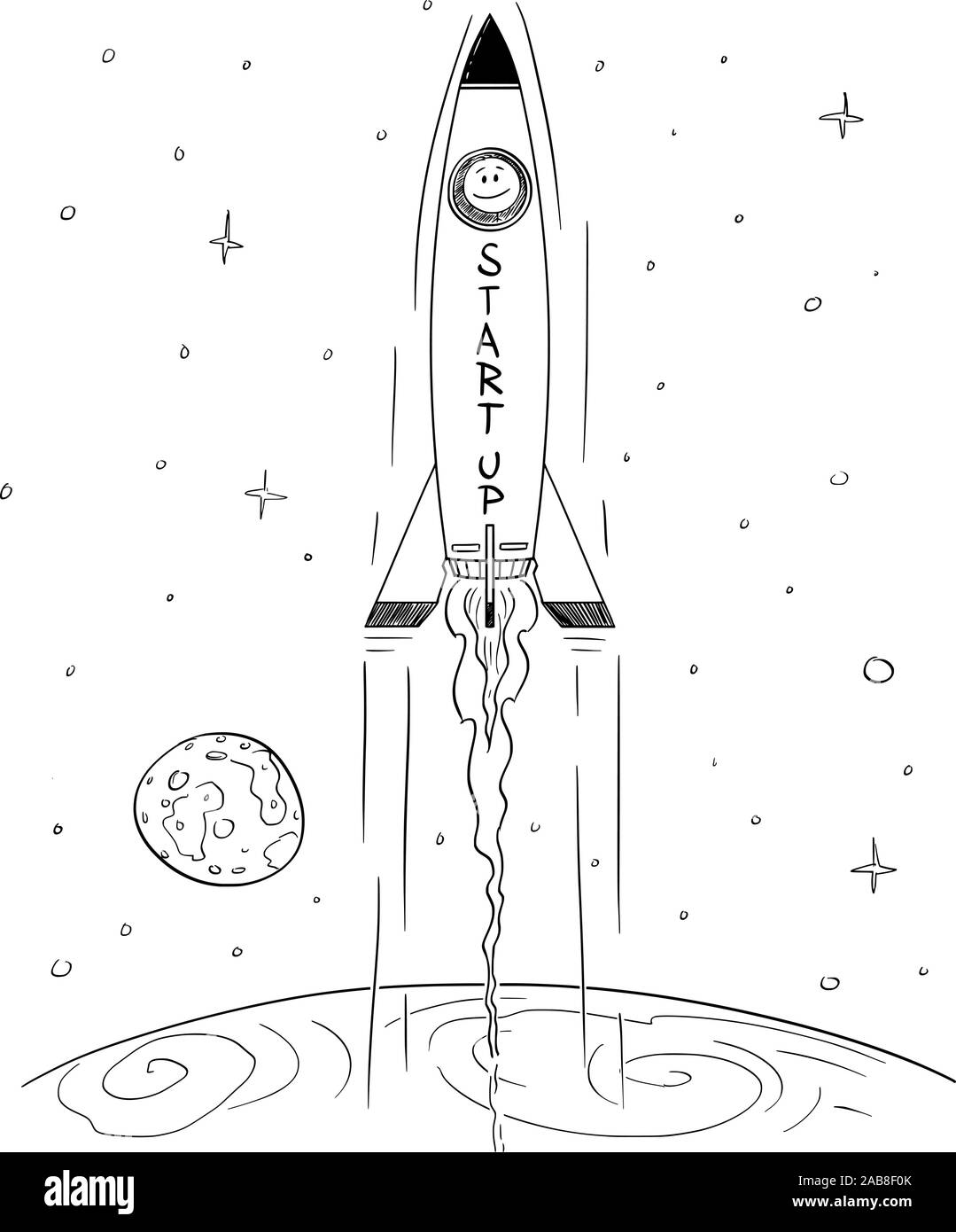 Vector cartoon stick figure dessin illustration conceptuelle de l'homme dans l'espace de haut vol fusée quittant la Terre, concept d'entreprise de démarrage réussi ou le démarrage. Illustration de Vecteur