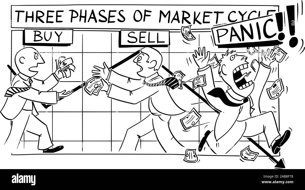 Funny cartoon Vector dessin de phases et cycles du marché boursier. Les investisseurs achètent, vendent et la panique financière avec le graphique sur l'arrière-plan. Illustration de Vecteur