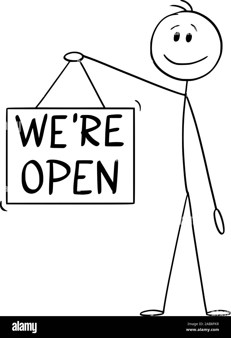 Vector cartoon stick figure dessin illustration conceptuelle de l'homme ou couple nous sommes ouverts hanging signe. Illustration de Vecteur