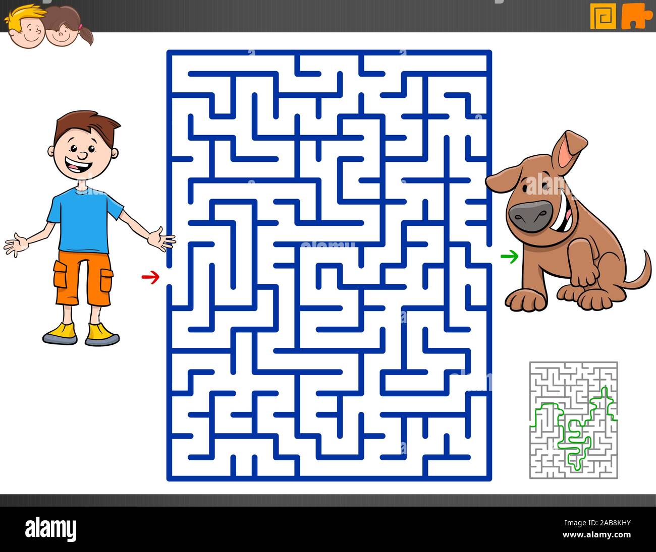 Cartoon Illustration de labyrinthe éducatif pour les enfants jeu de puzzle avec Boy et caractère de chien chiot Illustration de Vecteur