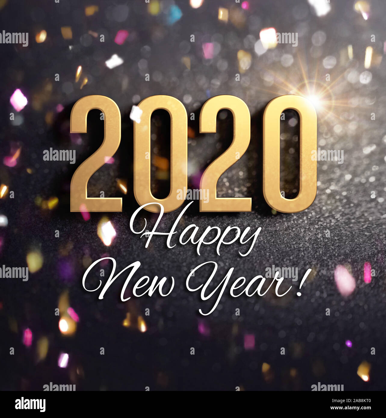 Salutations et bonne année 2020 Date Numéro de couleur or, sur un fond noir, avec paillettes et confettis - 3D illustration Banque D'Images