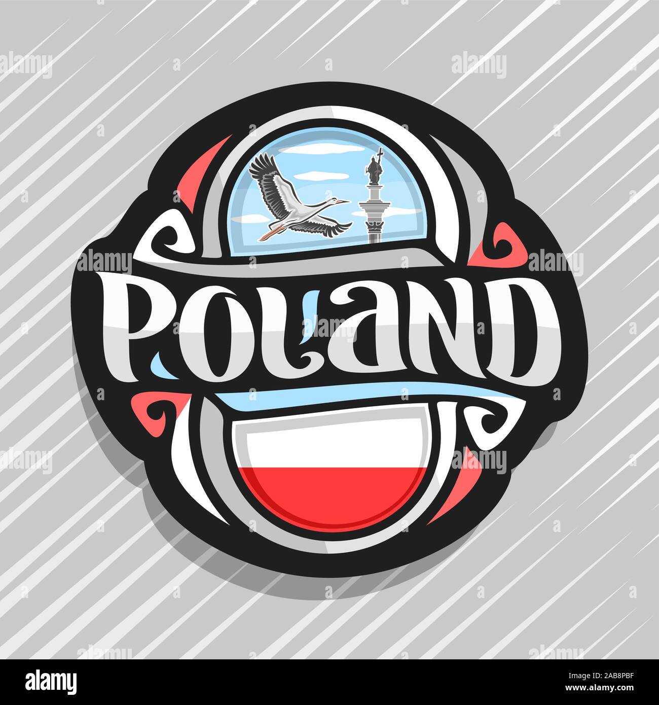 Logo Vector pour la Pologne, pays aimant frigo avec drapeau polonais, pinceau original typeface pour mot Pologne polonais Sigismond et symboles - la colonne dans la guerre Illustration de Vecteur