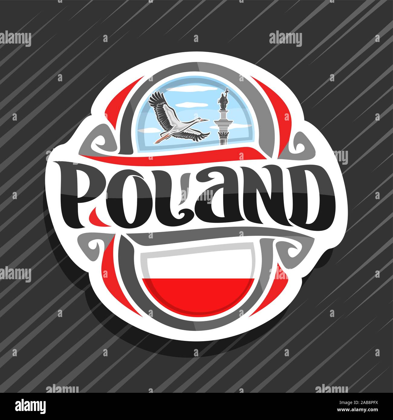 Logo Vector pour la Pologne, pays aimant frigo avec drapeau polonais, pinceau original typeface pour mot Pologne polonais Sigismond et symboles - la colonne dans la guerre Illustration de Vecteur