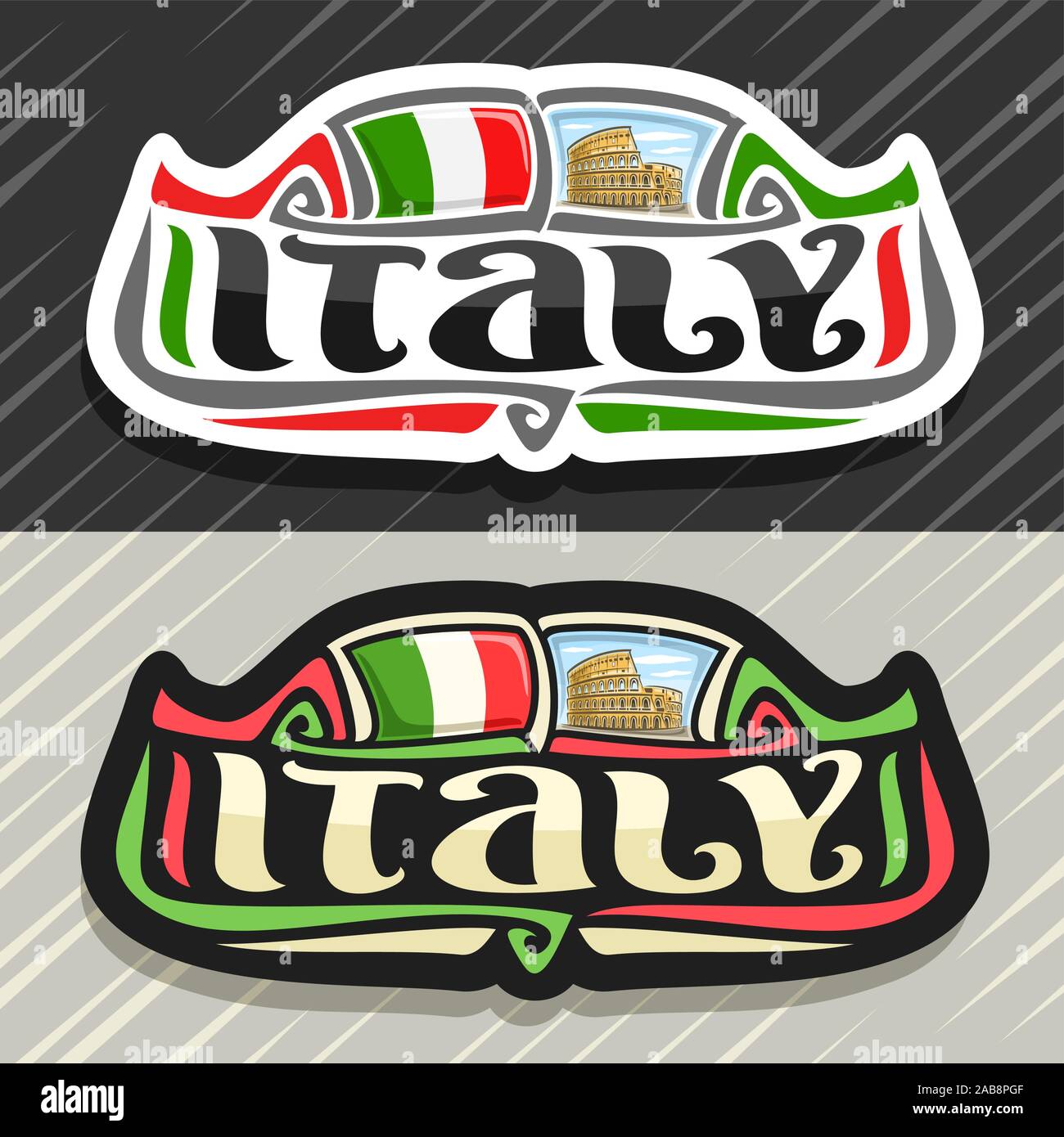 Logo vectoriel pour l'Italie, pays aimant frigo avec drapeau italien, pinceau original typeface pour mot l'Italie et l'italien symbole - monument romain ancien Col Illustration de Vecteur
