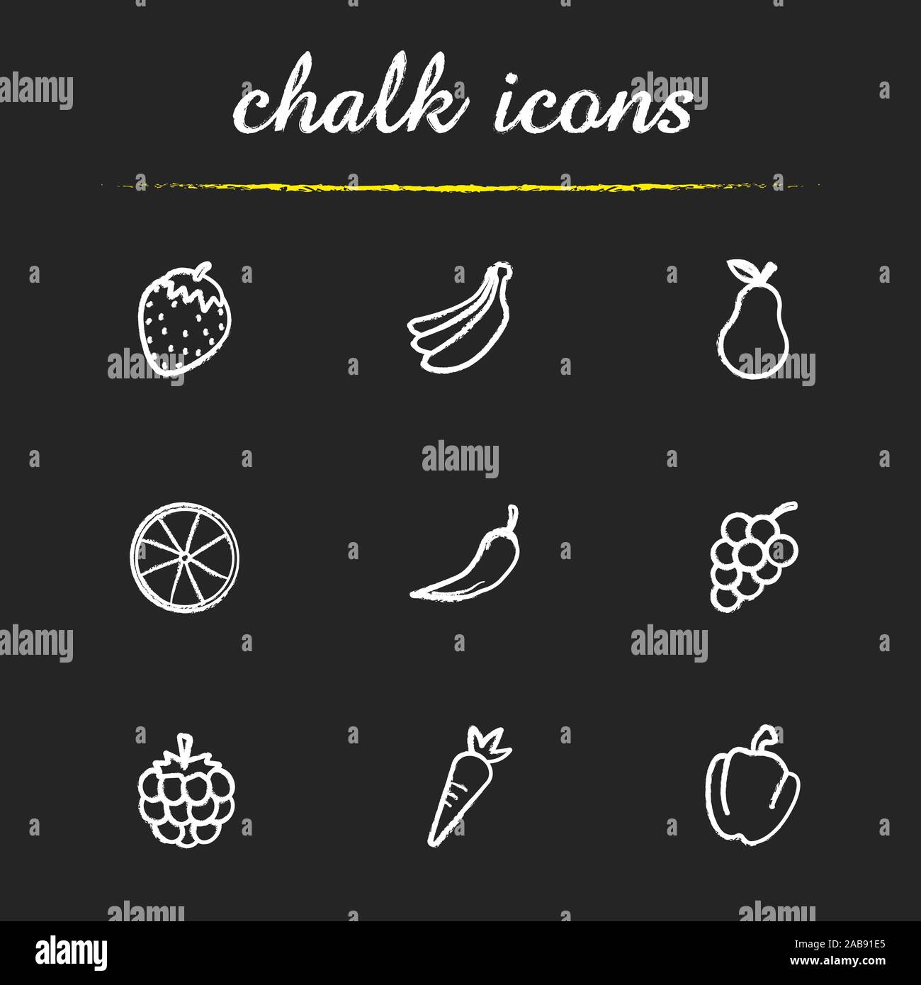 Les fruits et légumes de la craie icons set. Fraise, le jeu de la banane, poire, orange, piment, grappe de raisin, framboise, carotte, paprika illus Illustration de Vecteur