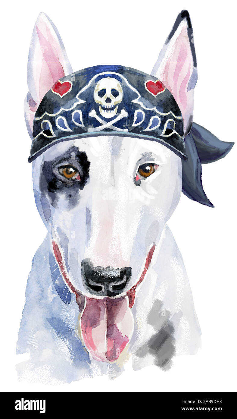 Portrait à l'aquarelle de bull terrier avec bandana biker Banque D'Images