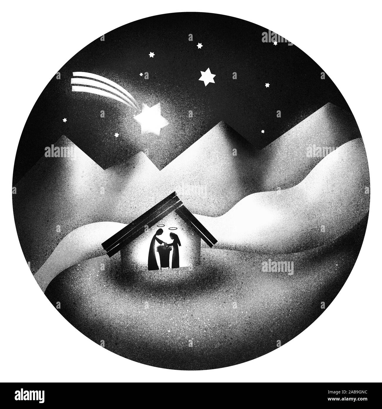 Une illustration noir et blanc de crèche dans les montagnes. Ciel étoilé, l'étoile de Bethléem, comète, la Sainte Famille. Banque D'Images Une illustration noir et blanc de crèche dans les montagnes. Ciel étoilé, l'étoile de Bethléem, comète, la Sainte Famille. Banque D'Images
