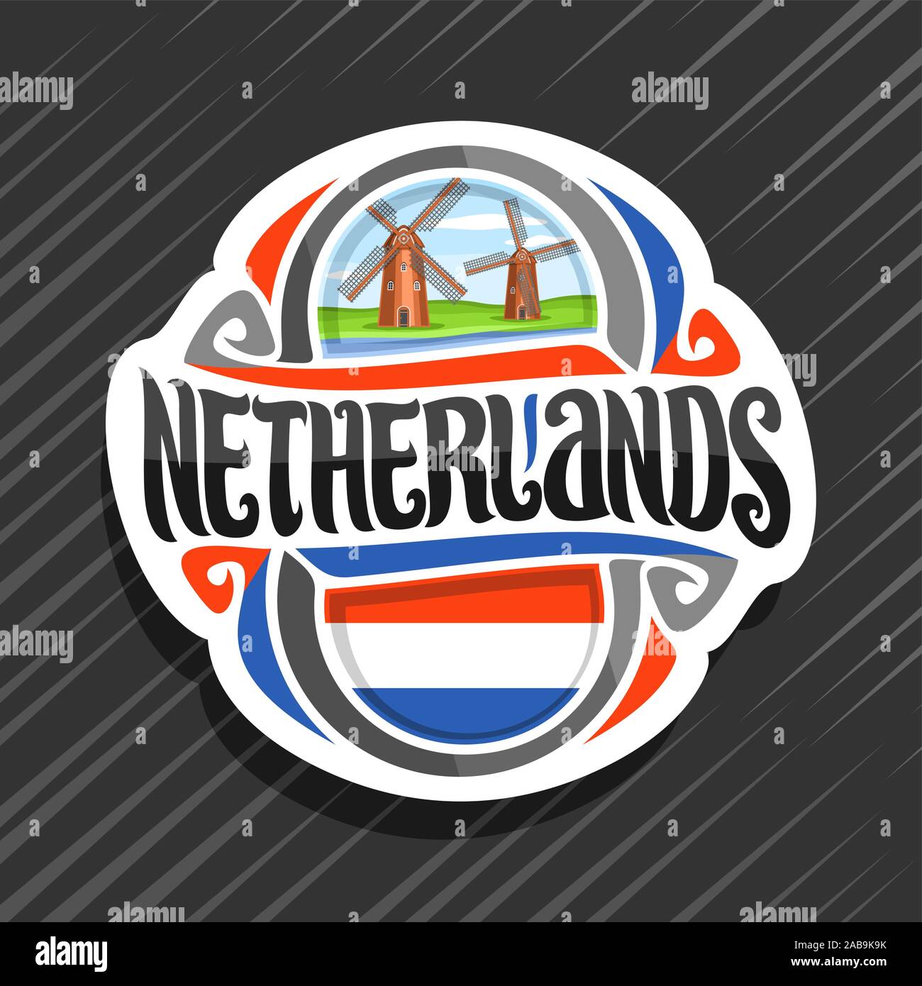 Logo Vector pour les Pays-Bas, pays aimant frigo avec pavillon néerlandais, pinceau original typeface pour mot néerlandais aux Pays-Bas et le symbole - vieux moulins sur c Illustration de Vecteur