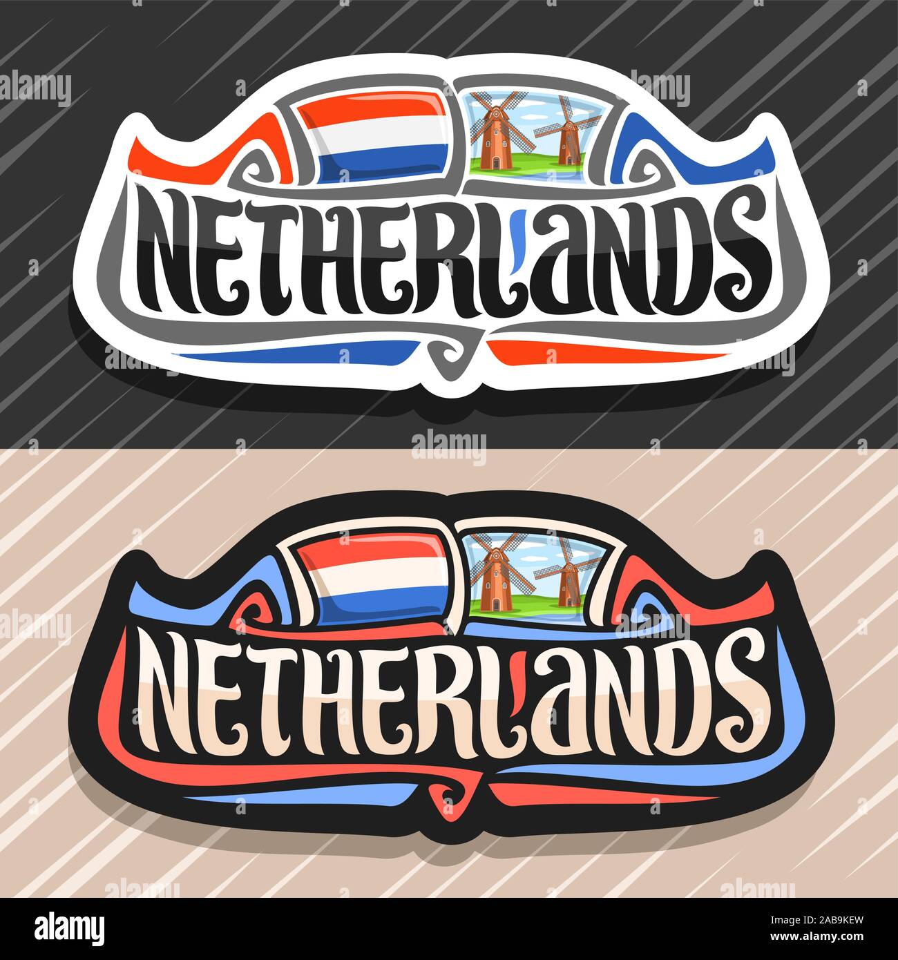 Logo Vector pour les Pays-Bas, pays aimant frigo avec pavillon néerlandais, pinceau original typeface pour mot néerlandais aux Pays-Bas et le symbole - vieux moulins sur c Illustration de Vecteur