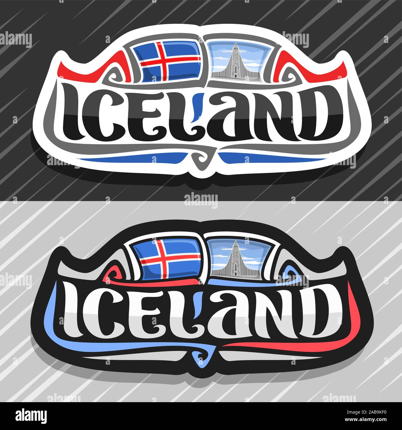 Logo vectoriel pour l'Islande, pays aimant frigo avec drapeau islandais, brosse d'origine font pour mot l'Islande et symbole national islandais - Hallgrimskirk Illustration de Vecteur