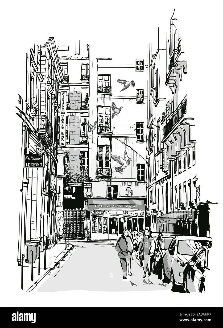 Rue de Paris avec des piétons - vector illustration (idéal pour l'impression sur tissu ou papier, affiche ou papier peint, décoration maison) TOUTES LES ANNONCES SONT FICT Illustration de Vecteur