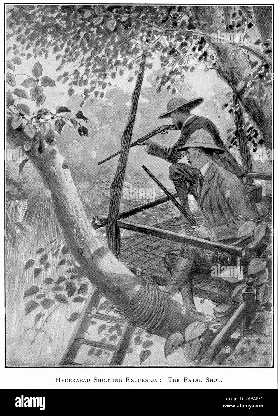 Portrait en demi-teinte de Son Altesse le Prince de Galles (futur George V) tournage un tigre d'un arbre près d'Hyderabad sur sa visite officielle en Inde en 1906. D'après un croquis dans l'Illustrated London News par M. S. Begg. Banque D'Images