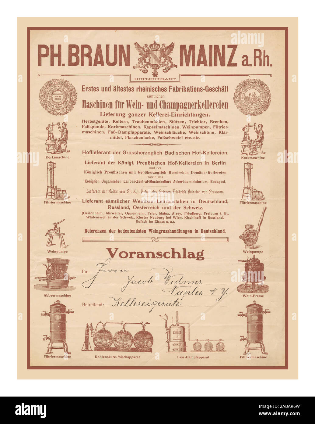 L'équipement de fabrication du vin allemand vintage et tools Brochure ca. 1900 Banque D'Images