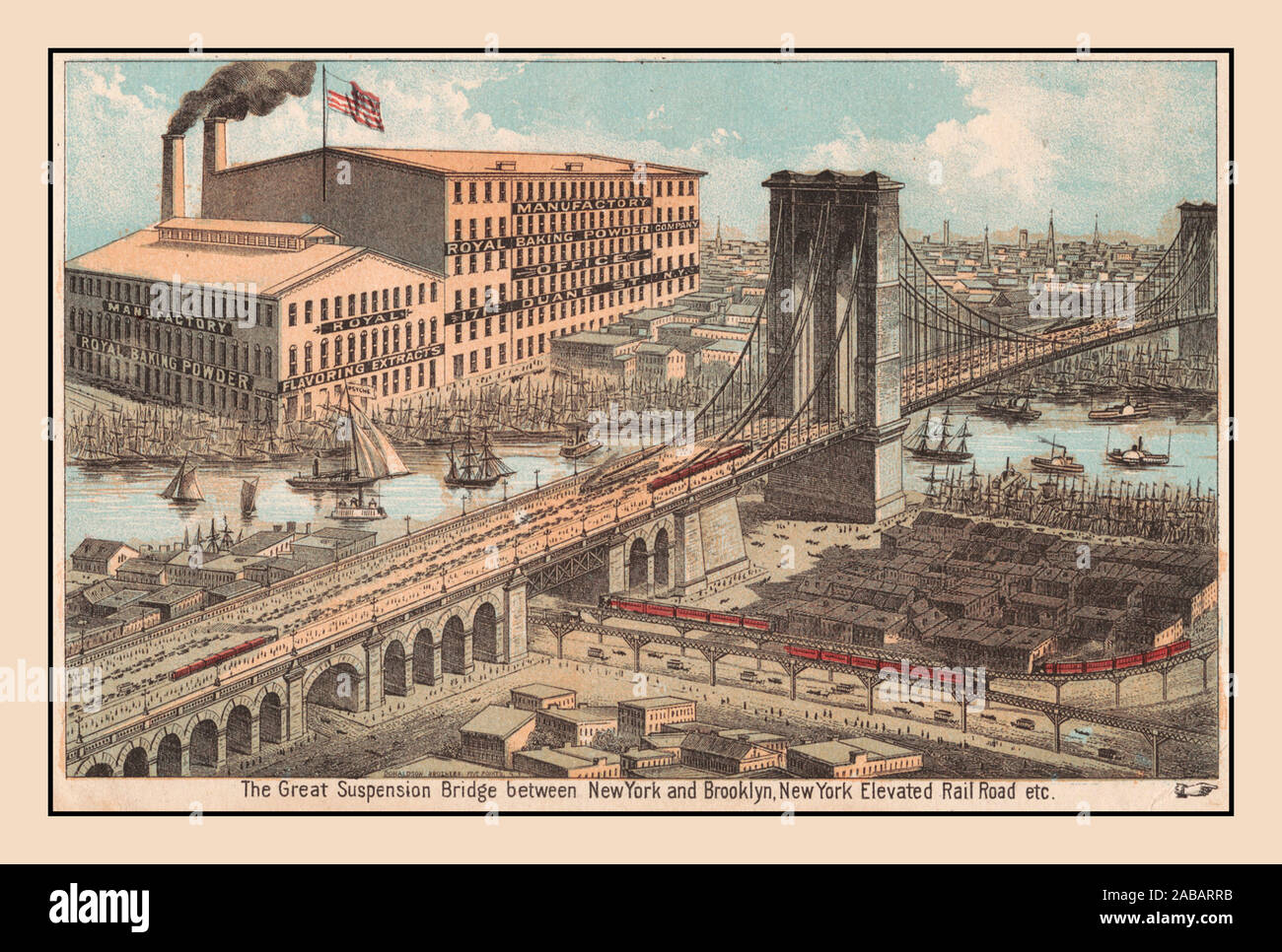 Vintage 1800's BROOKLYN BRIDGE Le grand pont suspendu entre New York et Brooklyn, nommé plus tard le Pont de Brooklyn. 1880 légende complète en bas se lit comme suit : Le grand pont suspendu entre New York et Brooklyn, New York Des Rail route etc. grand bâtiment est la publicité anufactory «la poudre Royal Company'. Banque D'Images