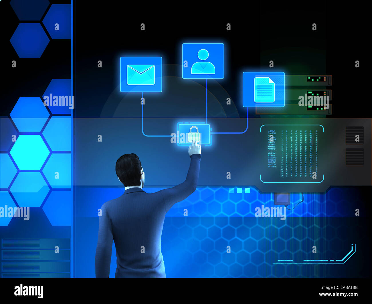 L'homme en interaction avec une interface tactile. 3D illustration. Banque D'Images