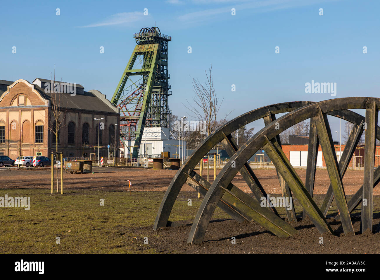 Cadre de fosse 2 de l'arbre, l'ancien souverain de la mine, Léopold de Dorsten, aujourd'hui un mélange de culture et d'utilisation de tissus, de la corde de la poulie, Banque D'Images