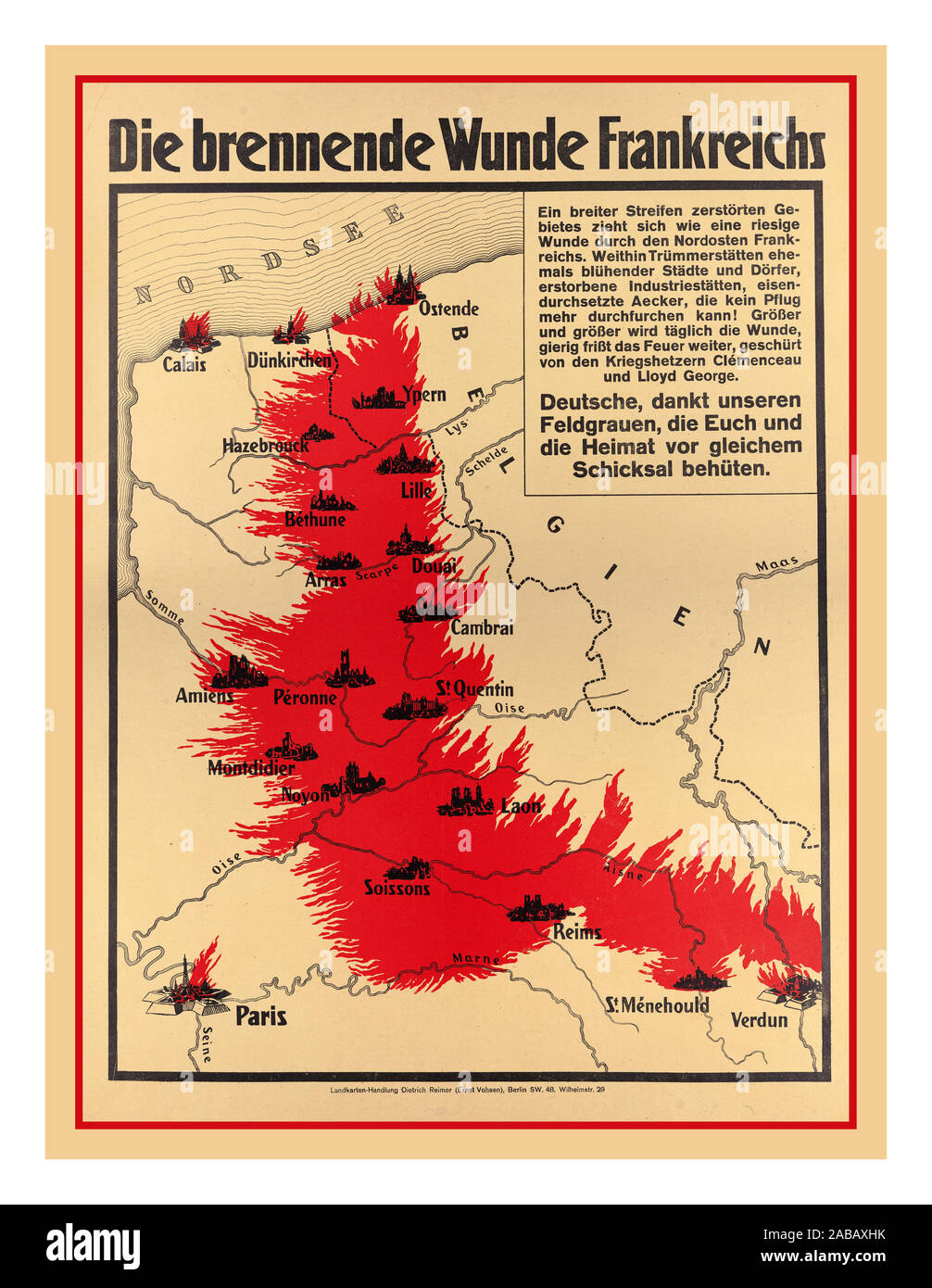 Vintage WW1 affiche de propagande allemand 'Die brennende Wunde" Carouge (Ge) LA COMBUSTION 'BLESSURE DE FRANCE' pour rassurer le public allemand à la lumière de l'énorme pertes subies au cours de l'Offensive du printemps de 1918 - 230 000 au cours des mois de mars et avril seulement. Le texte commence, 'une large bande de territoire détruit s'étend comme une énorme plaie dans tout le nord-est de la France. Une large collection de ruines, anciennement la floraison de villes et villages, les champs, les usines industrielles morts déchiré avec fer à repasser dans la charrue qui ne peuvent plus faire un sillon !' Banque D'Images