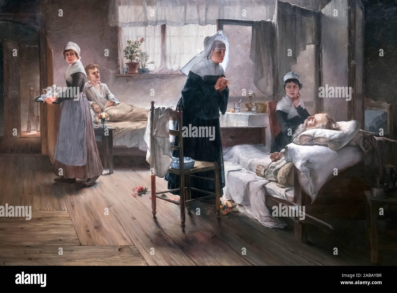 Découvrir son Affianced Évangéline à l'hôpital par Samuel Richards (1853-1893), huile sur toile, c.1887-89. Le tableau représente une scène de la 'poème Evangeline, A Tale of Acadie' par Henry Wadsworth Longfellow. Banque D'Images