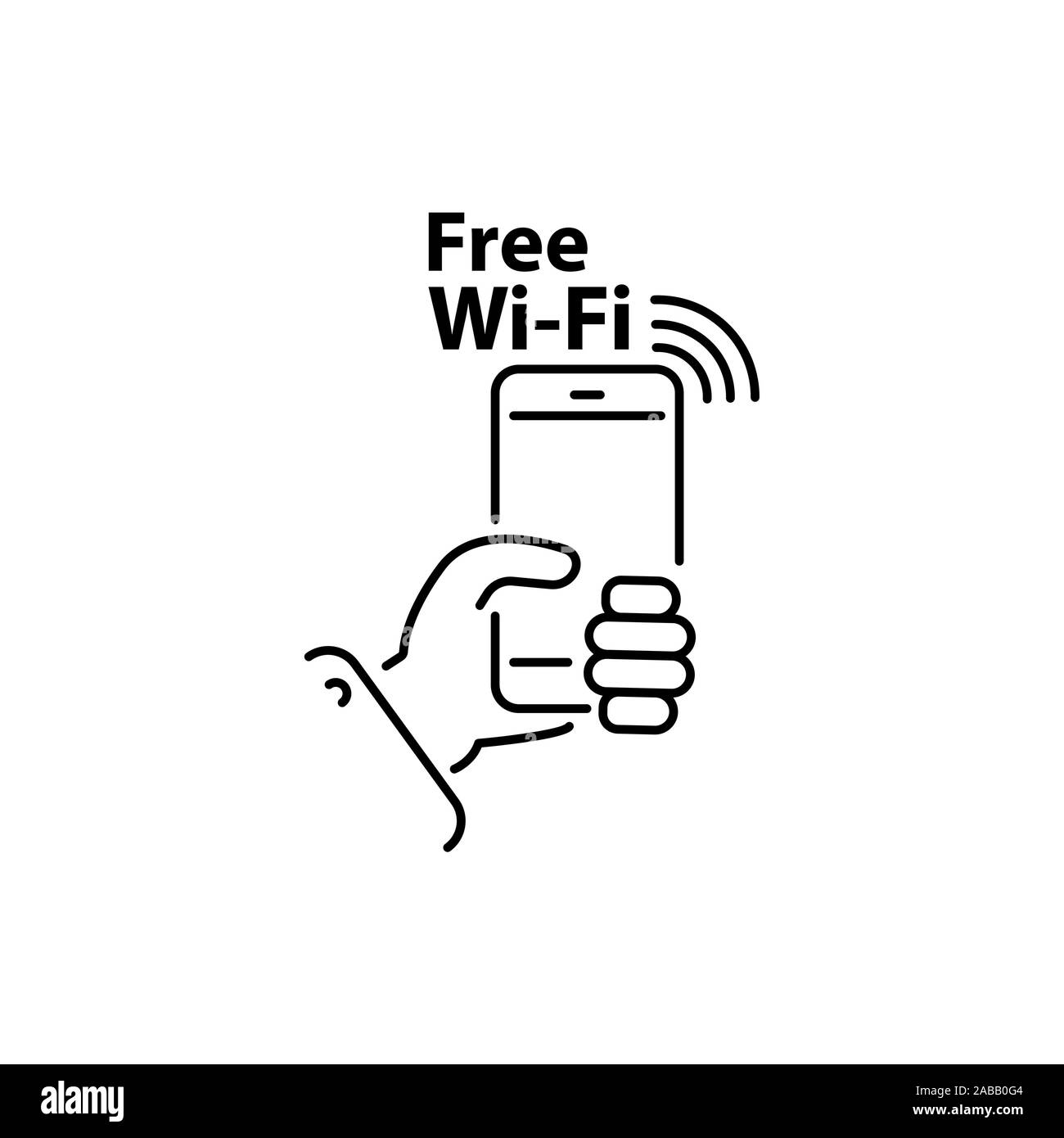 Smartphone dans la main et l'inscription d'une connexion Wi-Fi gratuite, ligne icône vecteur linéaire, affiche, symbole du réseau Wi-FI. Illustration de Vecteur