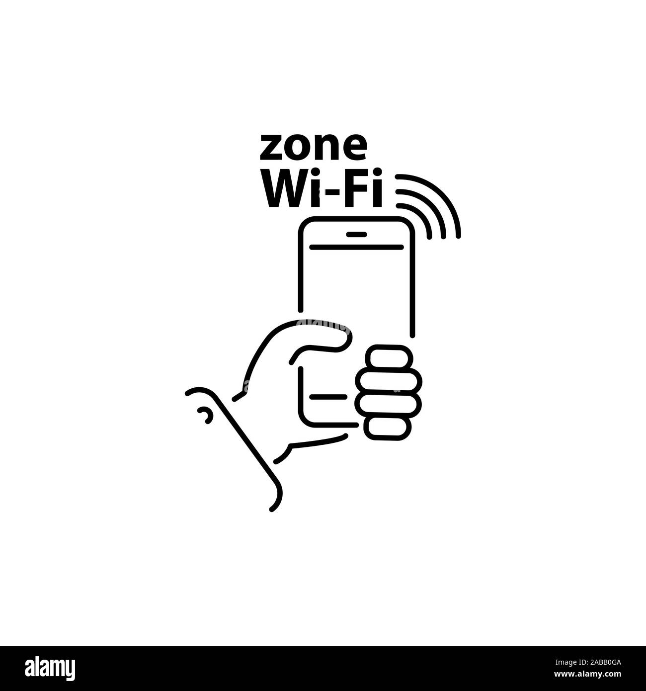Smartphone dans la main et l'inscription en ligne zone Wi-FI, icône vecteur linéaire, affiche, symbole du réseau Wi-FI. Illustration de Vecteur