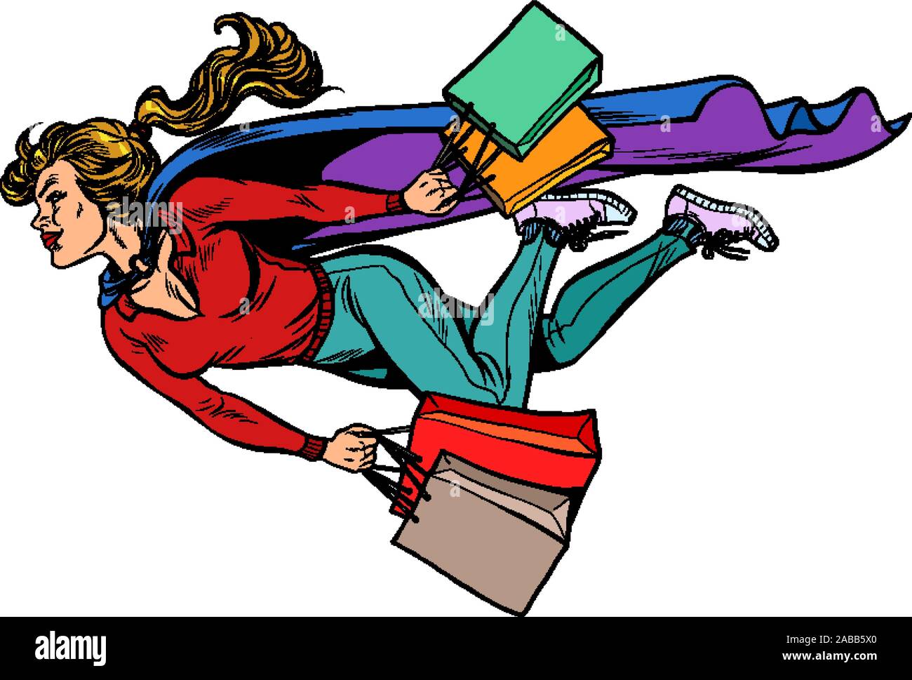 Femme super-héros voyagent avec des promotions et ventes. shopping dans les magasins Illustration de Vecteur