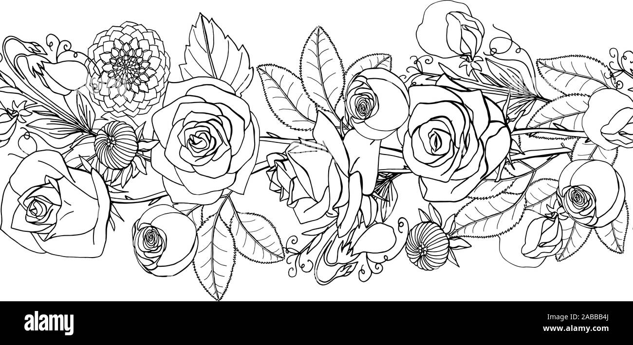 Hand drawn doodle bouquet rustique style pinceau transparente. Frontière floral sans fin. Décoration de mariage Boho. Isolé sur fond blanc. Vecteur Stock Illustration de Vecteur