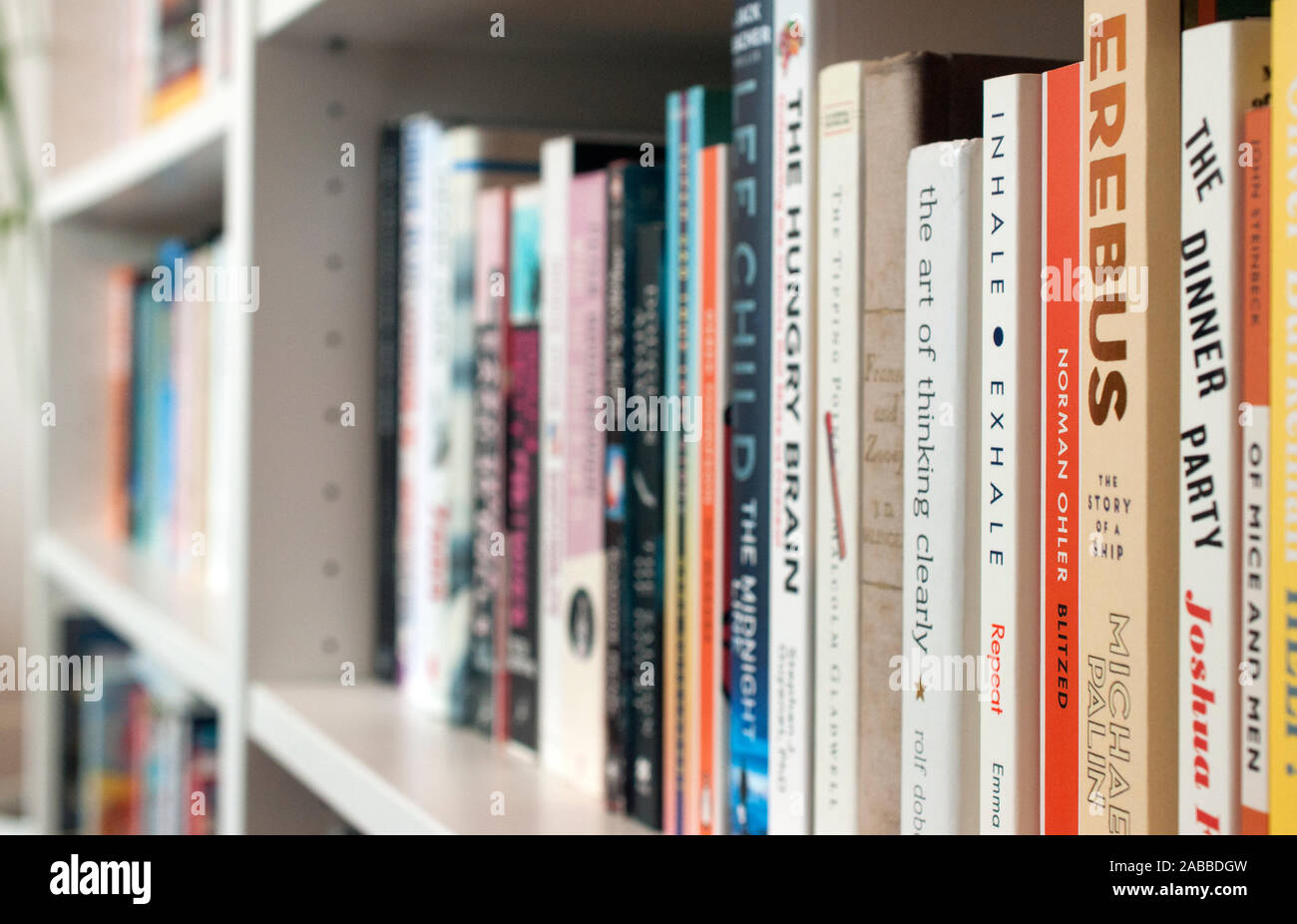 Close-up d'une étagère à une bibliothèque à domicile. 'Erebus' et 'Le Dîner' au premier plan. Banque D'Images