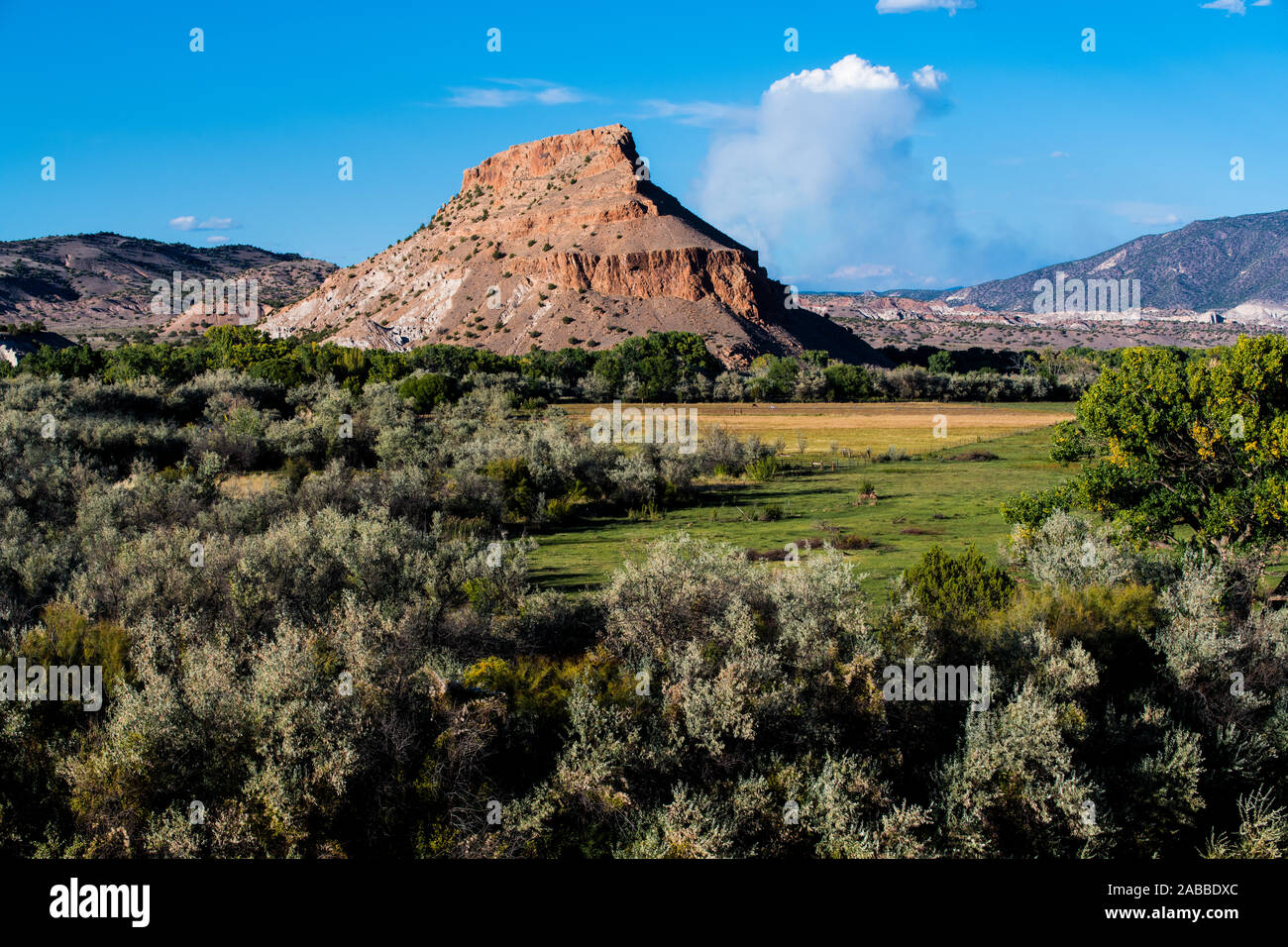 Landsape désert coloré de pics et de montagnes au-dessus de champs et de fermes dans la luxuriante vallée du Rio Chama près de Abiquiu, New Mexico, USA Banque D'Images