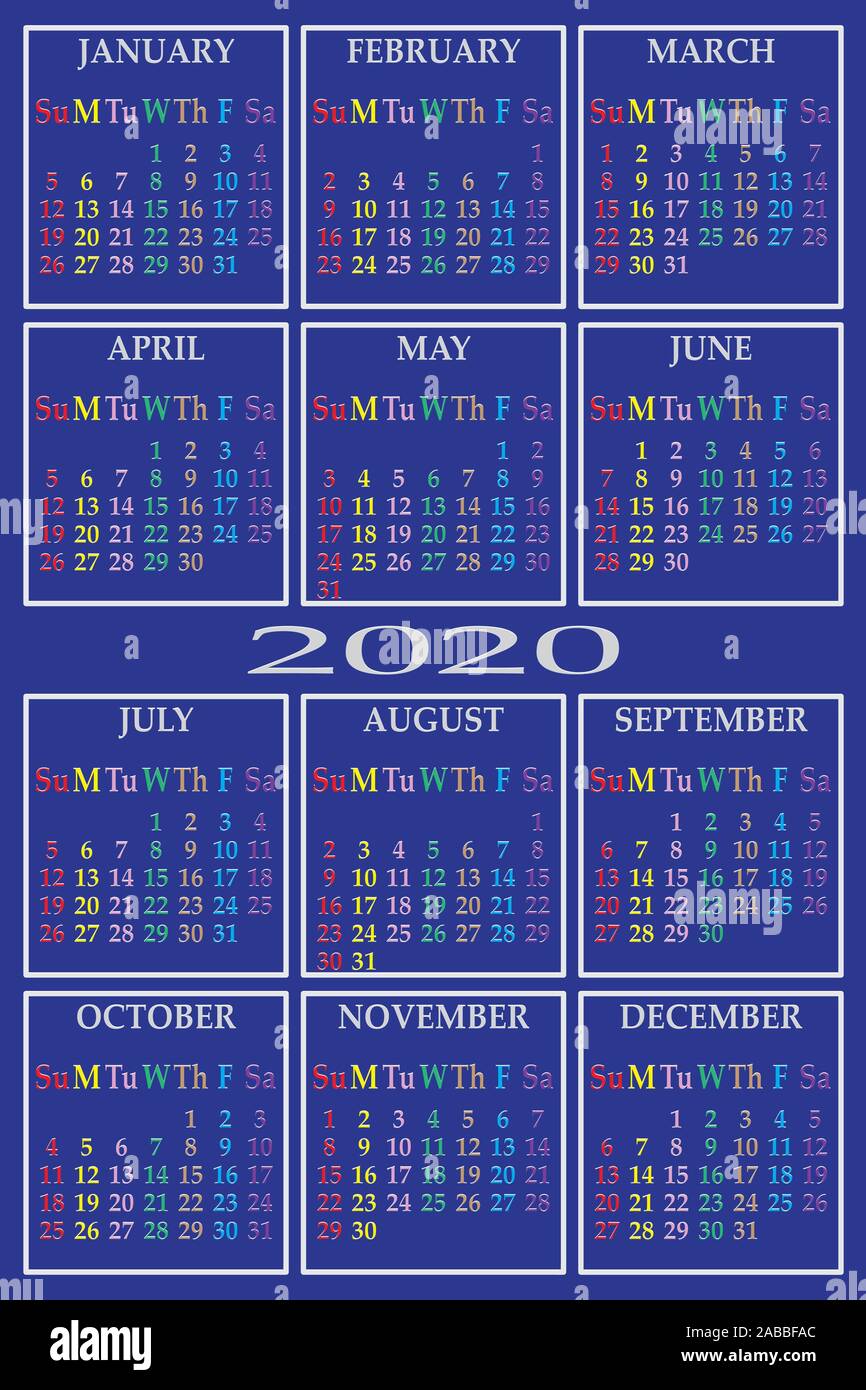 Calendrier 2020 sur fond bleu avec des couleurs spécifiques pour chaque jour de la semaine Illustration de Vecteur