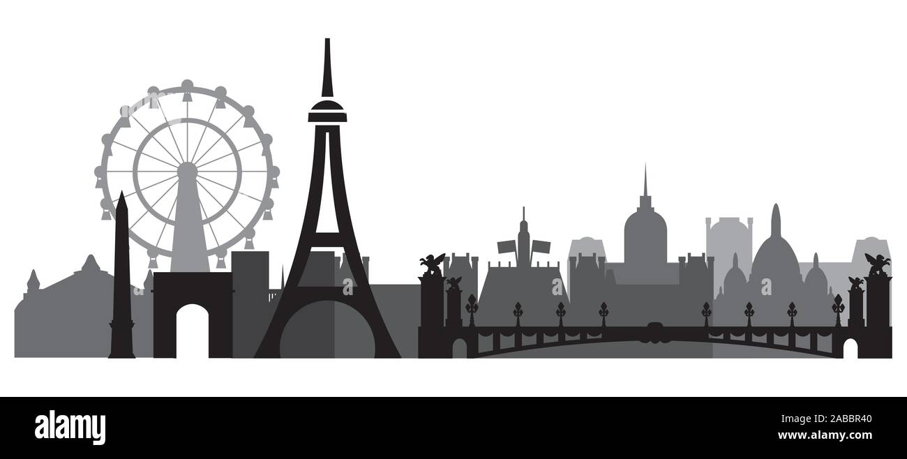 Paris Monochrome City Skyline silhouette vector illustration en noir et gris isolé sur fond blanc. Silhouette vecteur panoramique Illust Illustration de Vecteur
