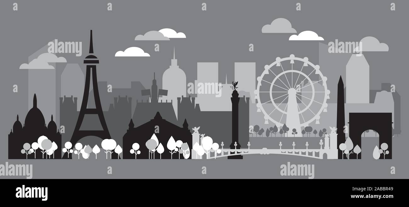 Vue panoramique sur les toits de la ville de Paris monochrome silhouette vector illustration en noir, blanc et gris isolé sur fond gris. Silhouette vecteur Illustration de Vecteur