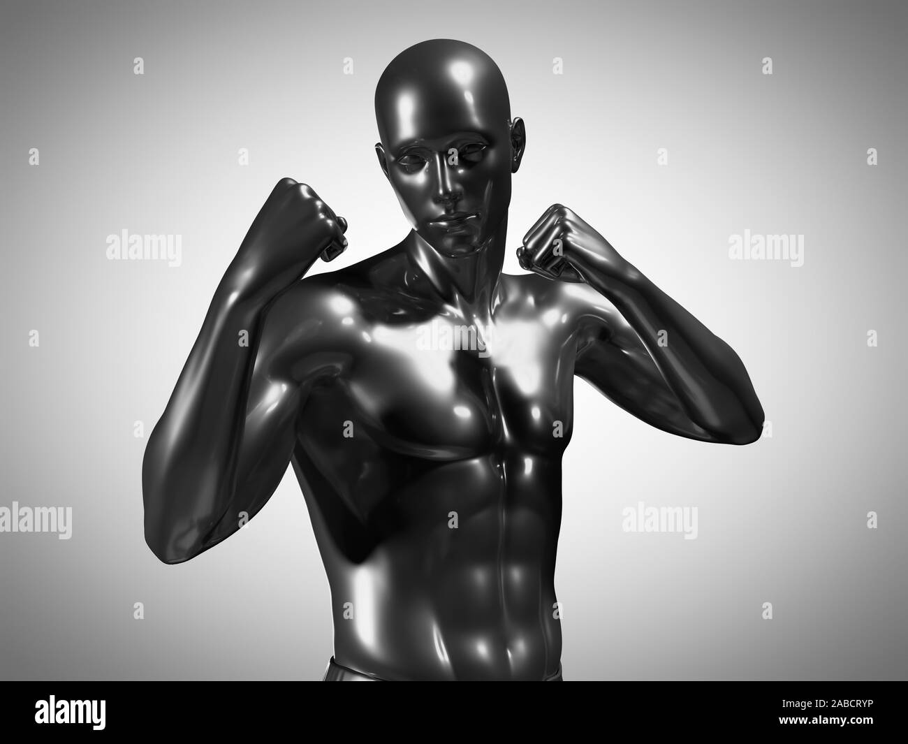 Rendu 3D précis médicalement illustration d'un homme métallique dans une pose de boxe Banque D'Images